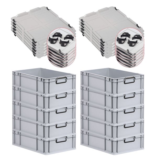 PROREGAL SparSet 10x Eurobox NextGen Color mit Auflagedeckel und Schiebeschnappverschlüsse, HxBxT 17x40x60cm, 34 Liter, Grau, Griffe schwarz geschlossen, Eurobehälter, Transportbox, Transportbehälter, Stapelbehälter
