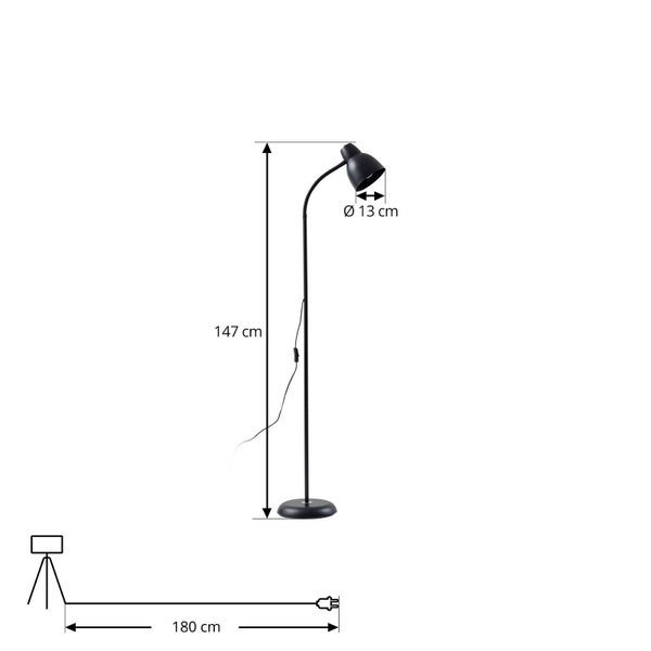 Stehleuchte mit den Maßen Lampenschirmdurchmesser 13 Zentimeter, Höhe 147 Zentimeter und Kabellänge 180 Zentimeter