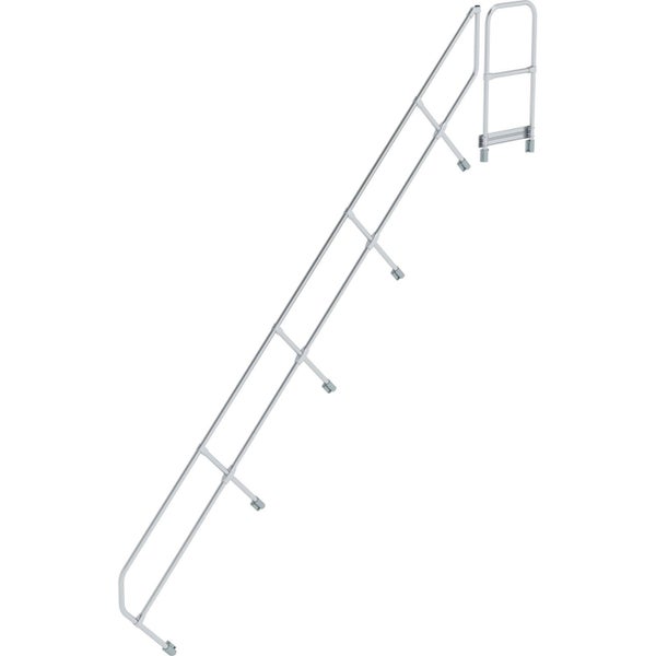 Schräg verlaufendes Treppengeländer aus Metall mit mehreren Stützen und einem vertikalen Endsegment.