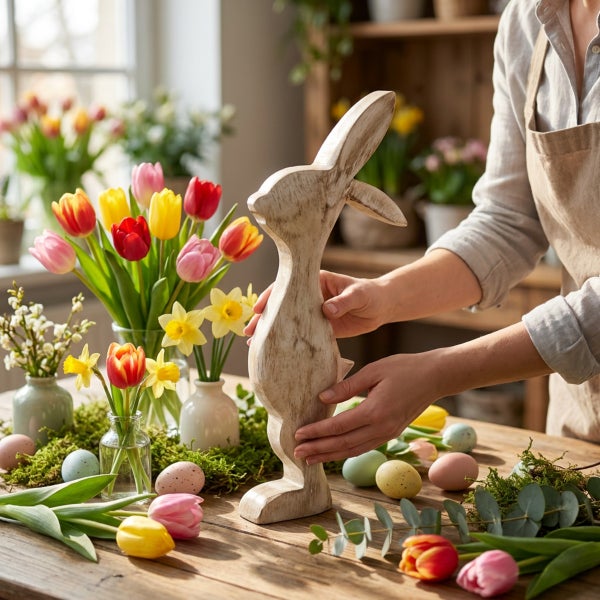 Eine Person dekoriert einen Tisch mit einer hölzernen Osterhasenfigur, Tulpen, Narzissen und Ostereiern in einer frühlingshaften Umgebung.