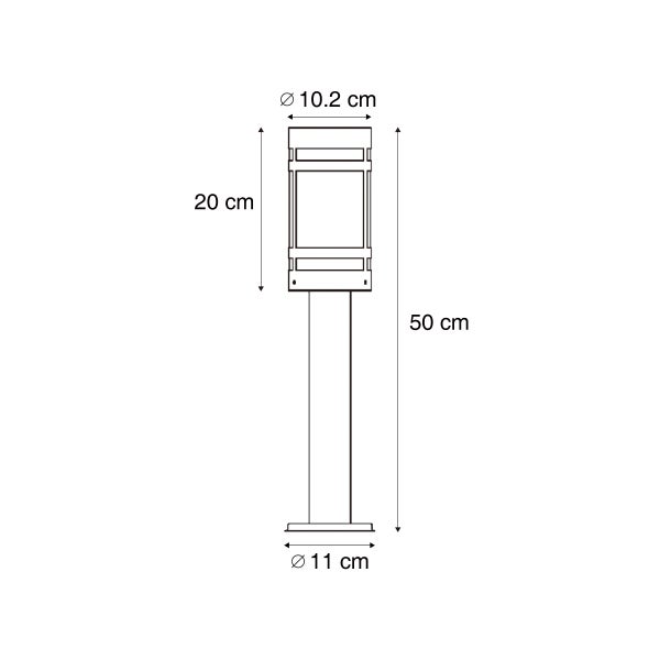 Maßzeichnung Sockelleuchte: Höhe 50 Zentimeter, Kopfhöhe 20 Zentimeter, Kopfdurchmesser 10,2 Zentimeter, Sockeldurchmesser 11 Zentimeter.
