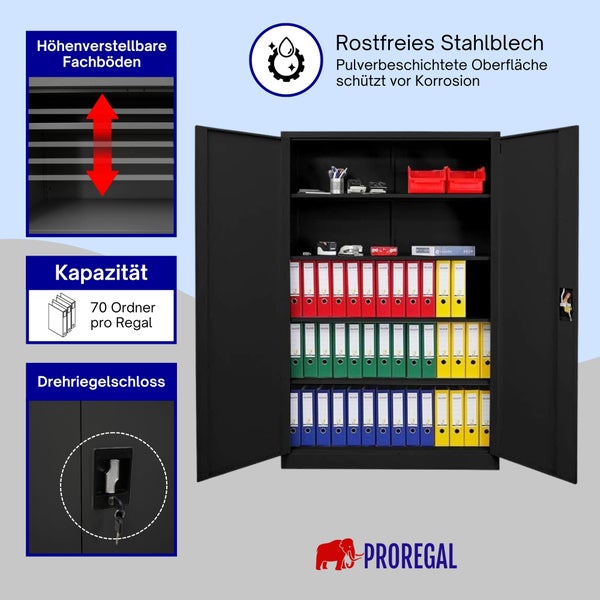 Büroschrank aus schwarzem, pulverbeschichtetem Stahlblech mit zwei Türen, höhenverstellbaren Fachböden, Drehriegelschloss und Platz für 70 Ordner.