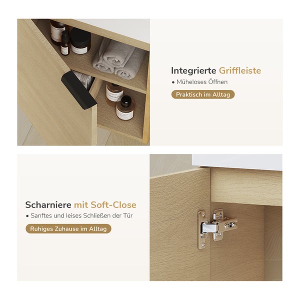 Badezimmermöbel mit integrierter Griffleiste und Scharnieren mit Soft-Close Funktion zur bequemen Nutzung.
