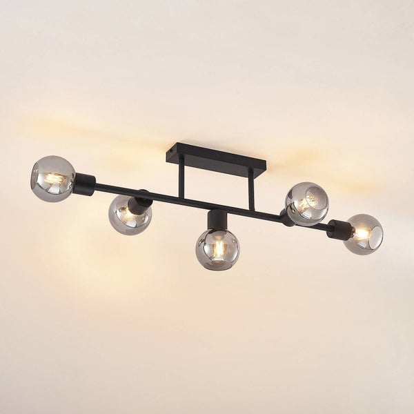 Schwarze Deckenleuchte mit fünf Rauchglaslampen