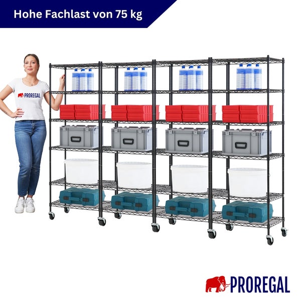 Drahtregal auf Rollen mit fünf Ebenen, Fachlast 75 Kilogramm pro Boden, bestückt mit verschiedenen Lagerboxen. PROREGAL Logo.