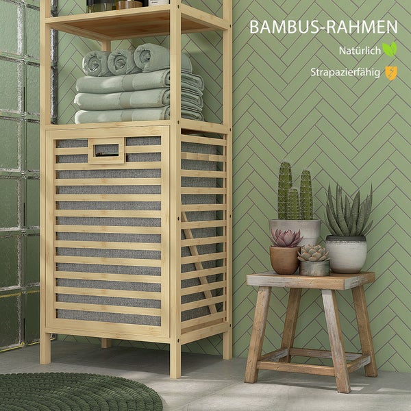 HOMCOM Badregal mit Wäschekorb, Badezimmerregal mit 3 Ebenen, Ausziehbarem Stoffkorb, Badschrank mit Kippschutz für Wohnzimmer, Badezimmer, Bambus, 44 x 33 x 160 cm