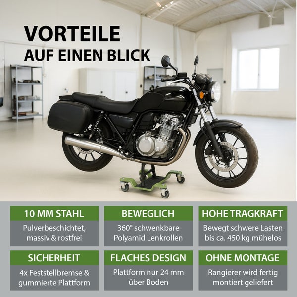 Motorrad auf Montageständer mit den Vorteilen auf einen Blick.