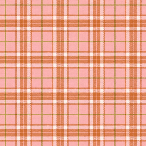 Karierte Tapete mit feiner Webstruktur in Rosa, Orange und Grün.