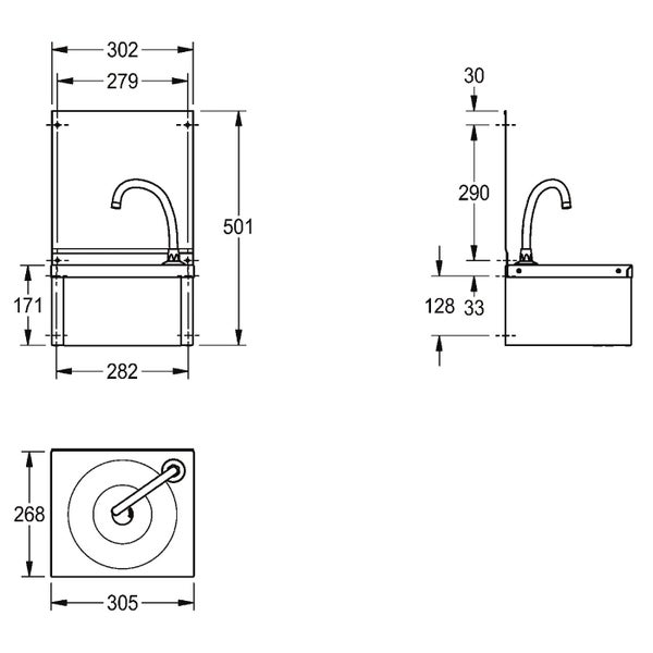 Technische Zeichnung mit Maßangaben für ein Wandwaschbecken mit integriertem Wasserhahn und Rückwand aus Edelstahl.