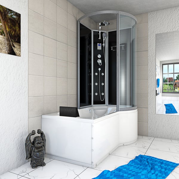 Moderner Duschtempel mit weißer Badewanne, gebogener Glaskabine, schwarzem Duschpaneel und Massagedüsen in einem hellen, gefliesten Badezimmer.