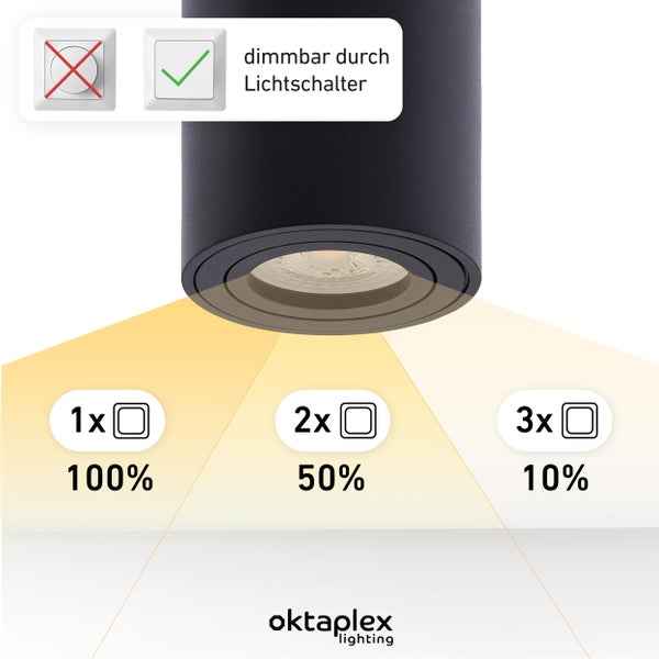 Aufbauspot Schwarz 3000K Warmweiß 6 Stück Aufputz Leuchte 3-stufig dimmbar LED Modul 4,8W 380 Lumen Alu Schwenkbar