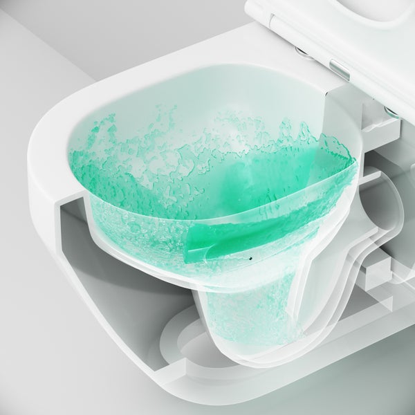 Schnittbild einer Toilette mit Darstellung der Spültechnik und des Wasserflusses im spülrandlosen Becken.