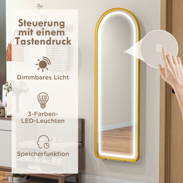 HOMCOM Ganzkörperspiegel, Wandspiegel mit Ständer, Standspiegel mit LED-Leuchte, Dimmbar Garderobenspiegel mit Touch-Schlater, für Wohnzimmer, Schlafzimmer, 151,5 x 50 x 4 cm, Aluminium, Gold