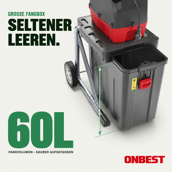 Onbest Gartenhäcksler mit einer 60 Liter fassenden Fangbox auf einem Metallgestell mit Rädern. Onbest Logo.