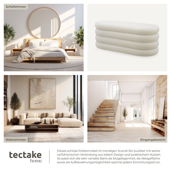 tectake home Logo. Weiße ovale Polsterbank im skandinavischen Stil mit Rippen-Design. Collage in hellem Schlafzimmer, Wohnzimmer und Eingangsbereich.
