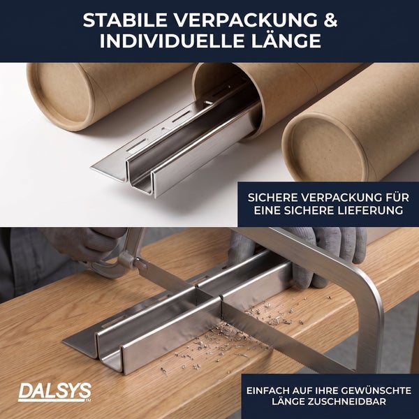 Dalsys Logo, Metallprofile in runden Kartonverpackungen und Zuschnitt eines Profils mit einer Handsäge auf einer Werkbank.