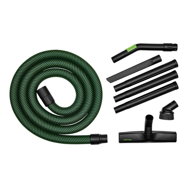 Festool Reinigungsset bestehend aus Saugschlauch, Handrohr, Verlängerungsrohren, Bodendüse, Fugendüse und Saugpinsel.