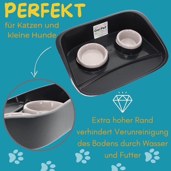 Hundenapf mit Unterlage Futternapf mit Spritzschutz Doppelnapf Hund Hundenapf Set mit Unterlage mit Rückwand Futterstation 2 Näpfe Napfunterlage erhöht Futterbar Katze