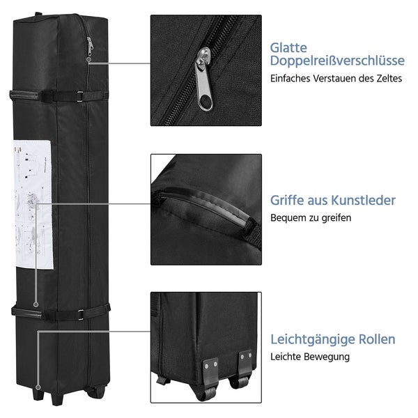 Schwarze Tragetasche mit Reißverschlüssen, Griffen und Rollen