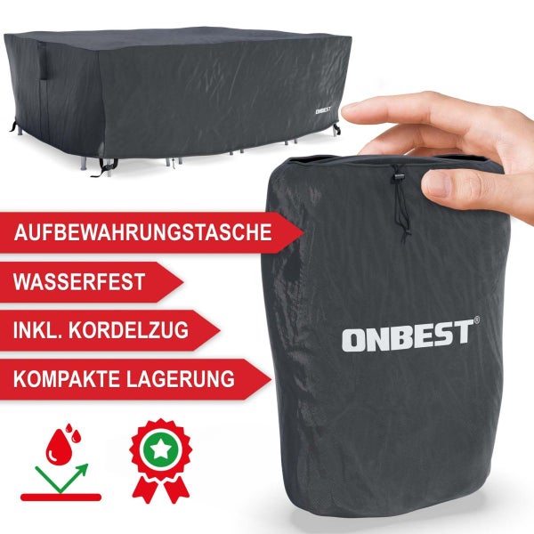 Onbest Gartenmöbel Schutzhülle mit wasserfester Aufbewahrungstasche und Kordelzug für kompakte Lagerung.