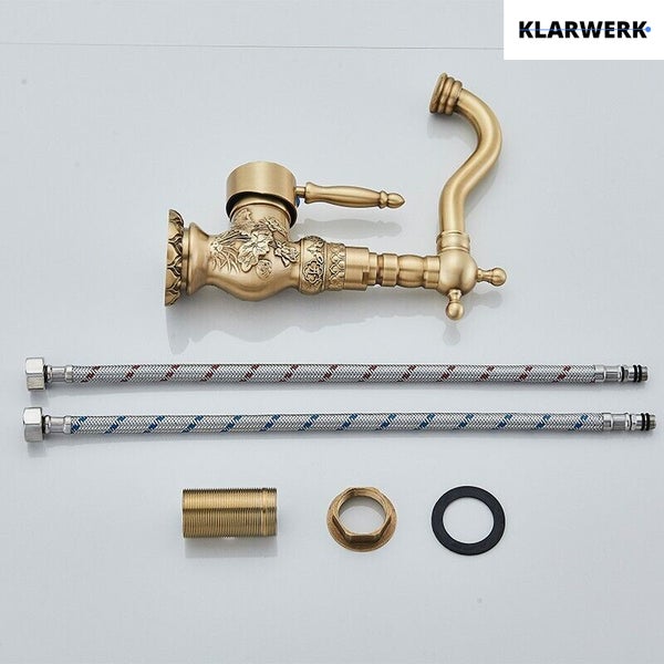 Klarwerk Waschtischarmatur im antiken Design mit floralen Verzierungen inklusive flexiblen Anschlussschläuchen und Befestigungsmaterial