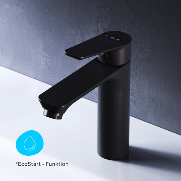 Moderne schwarze Waschtischarmatur mit Einhebelmischer und wassersparender EcoStart Funktion für das Badezimmer.
