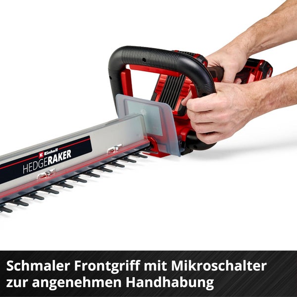 Einhell Akku Heckenschere mit schmalem Frontgriff und Mikroschalter fuer komfortable Bedienung.