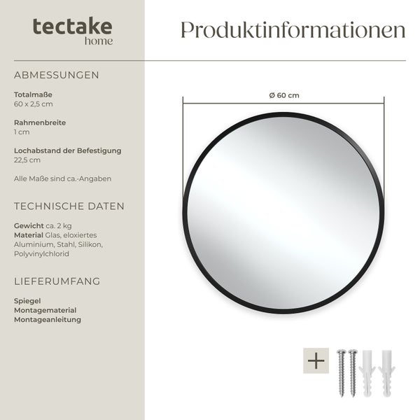 Runder Wandspiegel tectake Fiona integrierte Befestigungshaken Ø 60 cm schwarz
