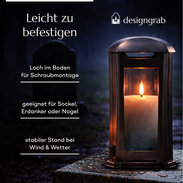 Designgrab Grablampe aus Metall mit Kerze zur einfachen Montage auf einem Sockel oder Erdanker für stabilen Stand bei jedem Wetter.