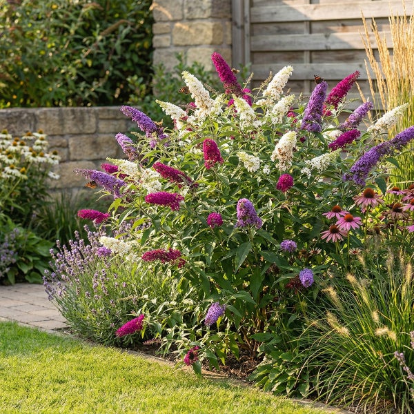 Sommerflieder mit weißen, violetten und rosa Blüten in einem Gartenbeet neben Lavendel und Gräsern vor einer Steinmauer.