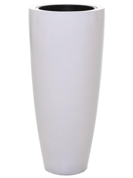 Hoher, konischer Blumentopf in Weiß mit glatter Oberfläche.