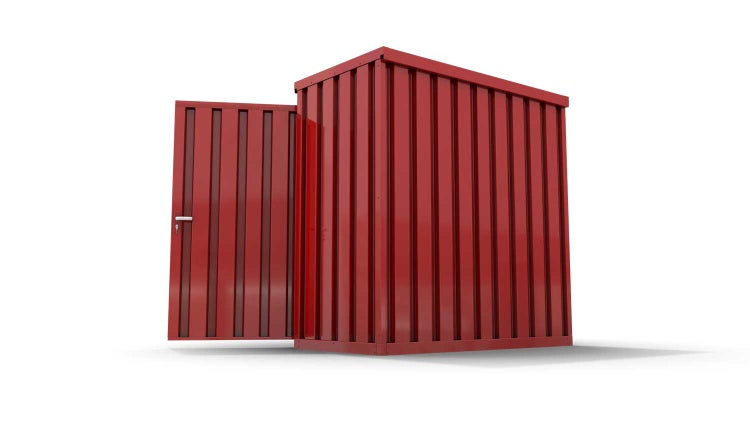 Lagercontainer Gerätehaus XS  – 2 qm, H2150 x B2100 x T1140 mm, Außenwandlackierung RAL 3000 feuerrot, Dach außen verzinkt, mit Holzfußboden, 1270 mm Einflügeltür mittig in Breitseite, montiert