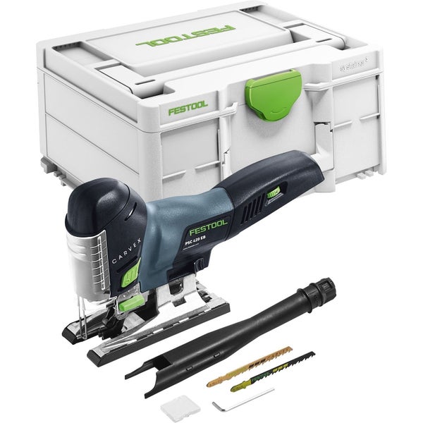 Festool Akku-Stichsäge PSC 420 EB Carvex inklusive Systainer, Absaugrohr, zwei Sägeblättern und Zubehör.