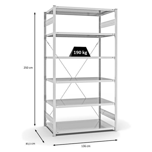 PROREGAL Fachbodenregal Stecksystem T-Profil Light-Duty Grundregal HxBxT 250 x 130 x 80 cm 6 Ebenen Fachlast 190 kg Einseitig Nutzbar Lichtgrau