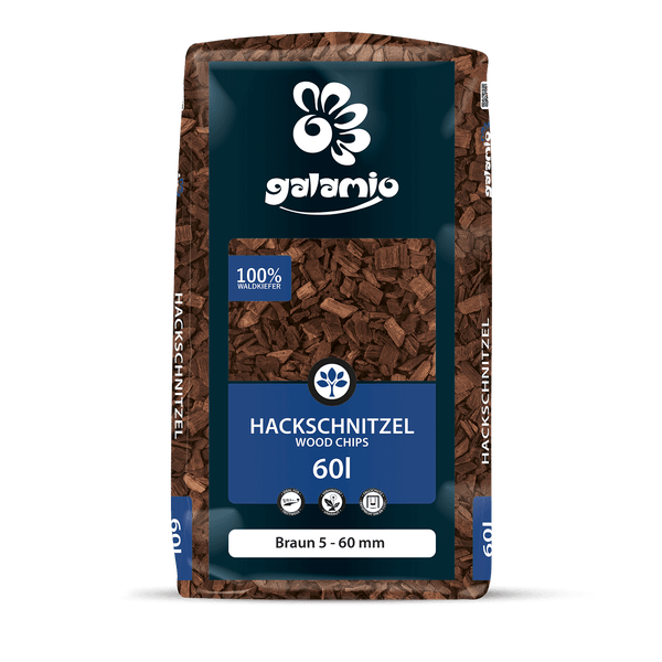 Galamio Hackschnitzel aus 100 Prozent Waldkiefer, 60 Liter Sack, Körnung 5 bis 60 Millimeter, braun.