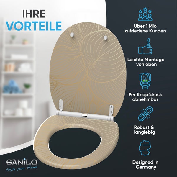 Sanilo WC-Sitz mit Blattmuster, einfache Montage von oben, per Knopfdruck abnehmbar, robust, langlebig, in Deutschland entworfen, SANILO Logo.