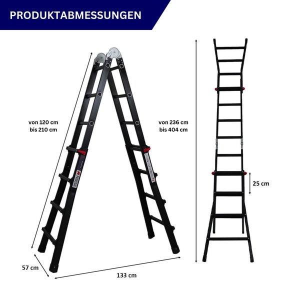 Produktabbildung einer Mehrzweckleiter mit Abmessungsangaben