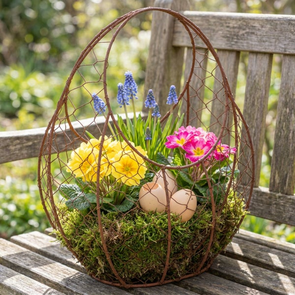 Osterkorb aus Metalldraht gefüllt mit Frühlingsblumen wie Primeln und Traubenhyazinthen sowie Eierschalen auf einer Holzbank.