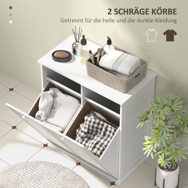 HOMCOM Wäscheschrank, Badschrank mit 2 Wäschekörben, Badezimmerschrank mit Griffen, Lamellentüren Wäschesammler Badmöbel für Badezimmer 70 x 38 x 73 cm Weiß