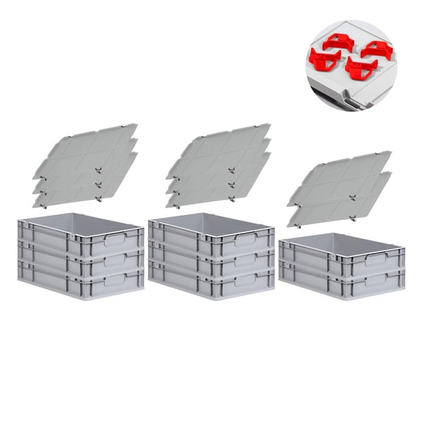 PROREGAL Spar Set 8x Eurobox Nextgen Economy Mit Auflagedeckel & 4x Schiebeschnappverschlüsse Rot Griffe Geschlossen HxBxT 12 x 40 x 60 cm 23 Liter