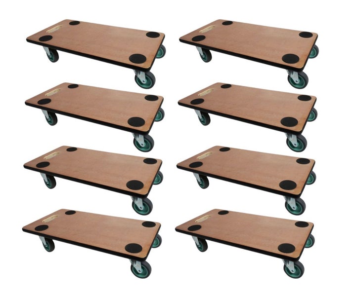 Transporthilfe-Set, 8 Stück, Rollwagen aus Holz mit Antirutschpunkten und Tragegriff.