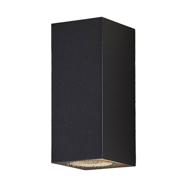Rechteckige Wandleuchte in Schwarz mit strukturierter Oberfläche und Lichtaustritt nach unten.