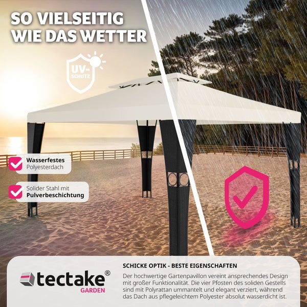 Rattan Gartenpavillon tectake Mona inklusive Heringen 4 x 3 m schwarz/creme