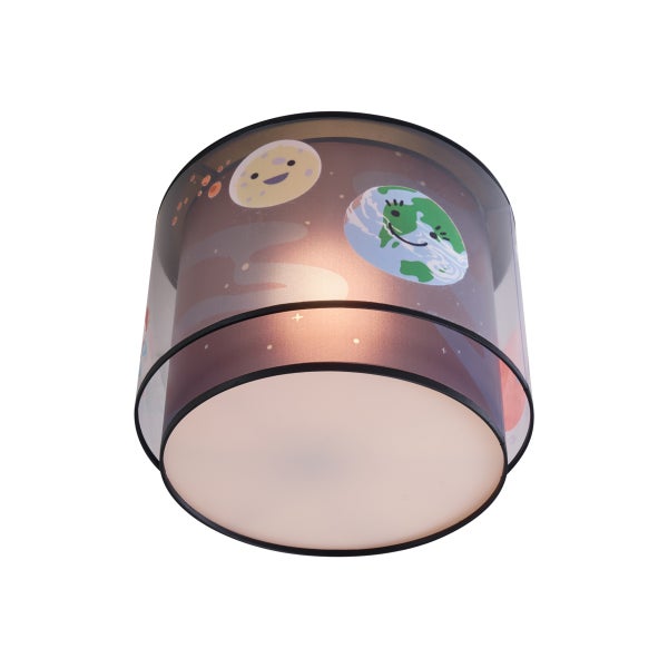 Zylindrische Kinder-Deckenleuchte mit Weltraum-Motiv und Darstellungen von Erde und Mond.