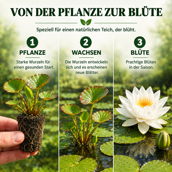 Infografik zum Wachstum einer Teichpflanze in drei Stadien von der Wurzel über das Blattwachstum bis zur Seerosenblüte.