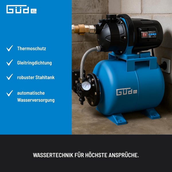 Güde Hauswasserwerk mit Stahlkessel zur automatischen Wasserversorgung mit Thermoschutz und Gleitringdichtung.