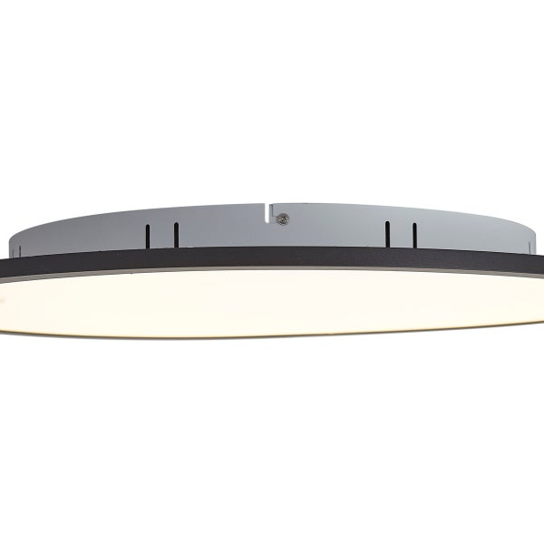 Flache runde LED-Deckenleuchte mit schwarzem Rahmen und weißer Leuchtfläche.