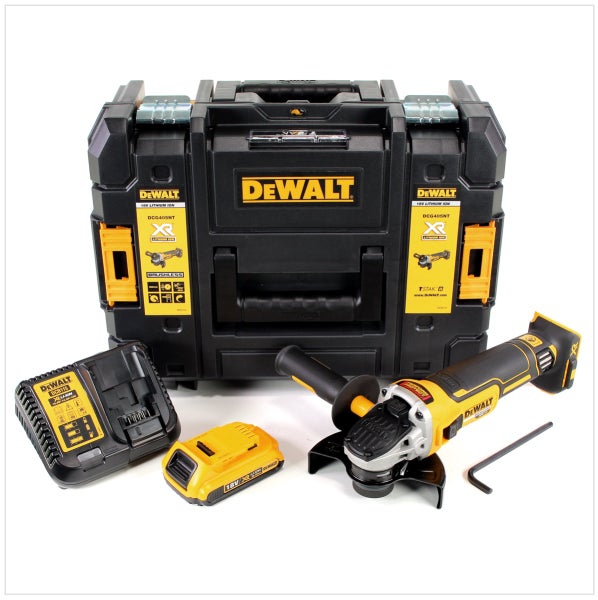 DeWALT Akku-Winkelschleifer-Set inklusive 18 Volt Akku, Ladegerät und TSTAK Werkzeugkoffer.