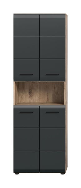 Vorratshochschrank mit anthrazitfarbenen Fronten, schwarzen Griffen und offenem Mittelfach in Eiche-Optik.