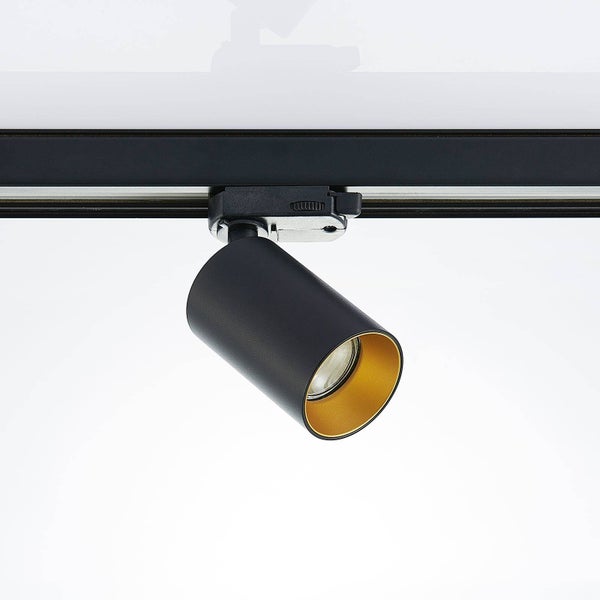 Schwarzer Schienenstrahler mit goldener Innenseite, zylindrische Form, modernes Design für Schienensysteme zur Innenbeleuchtung.